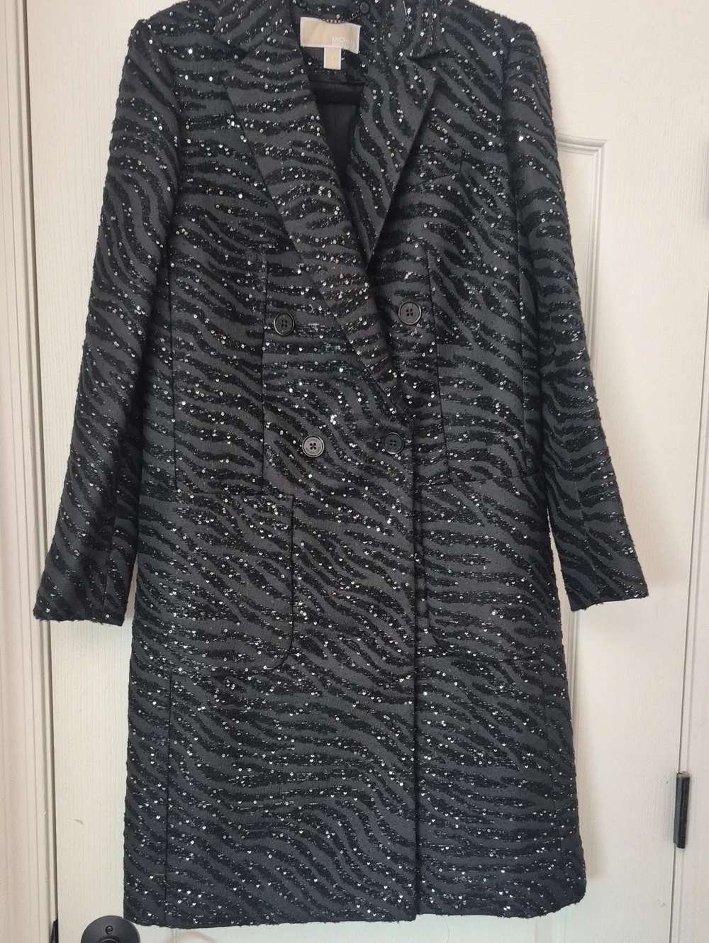 Gorgeous Michael Kors Sequin Zebra Striped Black Coat SZ 4